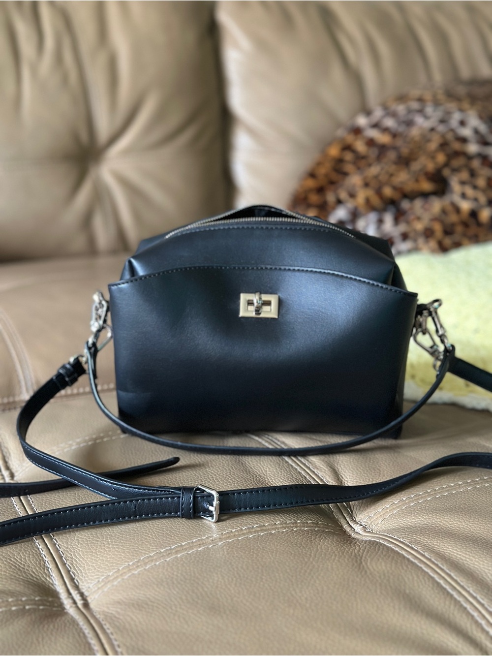 Black Leather Crossbody Bag with Turn-Lock Closure